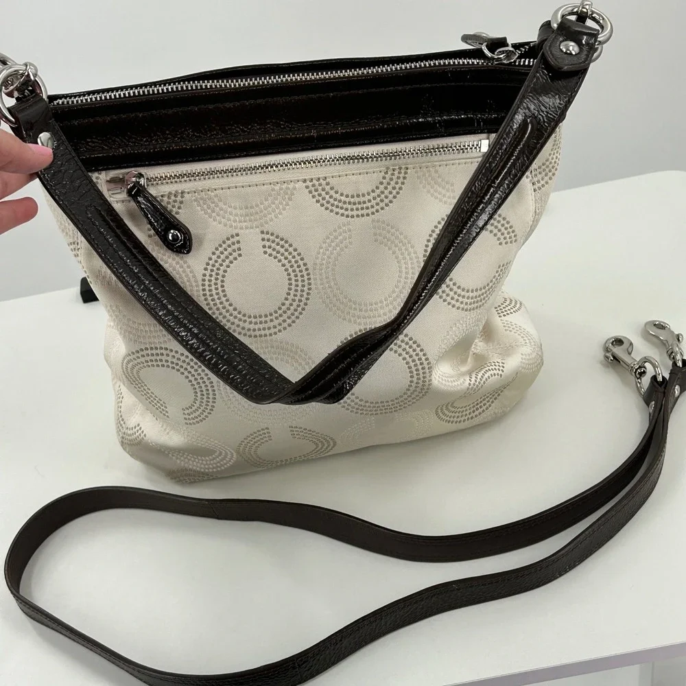 Coach Madison Op Art Dotted C Convertible Shoulder Bag Ivory Brown Canvas